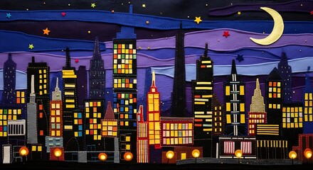 Cityscape at Night - A Vibrant Urban Skyline Under the Moon.