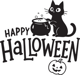 Cute Black Cat Stirring Witch Cauldron Happy Halloween Text