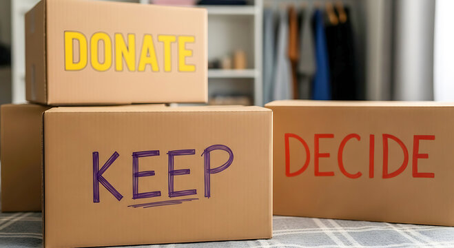 Cardboard boxes labeled Donate Keep Decide sorting