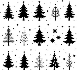Obraz premium Decorative Christmas Pine Trees with Gifts and Snowflakes Silhouette Bundle