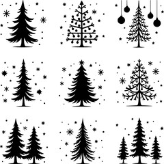Fototapeta premium Decorative Christmas Pine Trees with Gifts and Snowflakes Silhouette Bundle