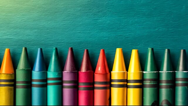 Vibrant crayons sit neatly aligned against a vibrant background, emphasizing the crayons and background. Colorful crayons contrast with the colorful surface beneath the crayons.