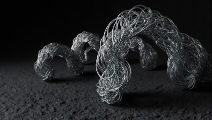 Abstract, intertwined metallic forms emerge from a rough, dark surface