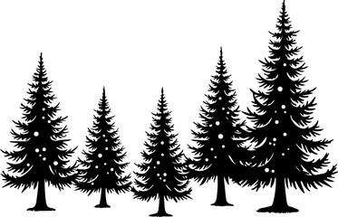 Fototapeta premium Decorative Christmas Pine Trees with Gifts and Snowflakes Silhouette Bundle