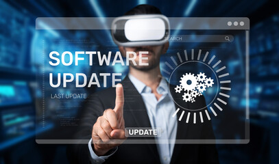 A professional showcasing a software update in a virtual reality setting, emphasizing user engagement with a progress indicator and modern technology in focus. XDMCP