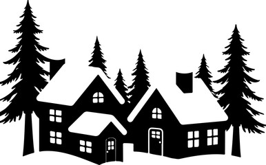 Snowy Winter Cabins House with Pine Trees Silhouette