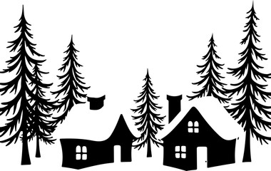 Fototapeta premium Snowy Winter Cabins House with Pine Trees Silhouette