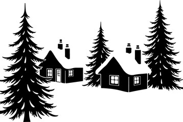 Snowy Winter Cabins House with Pine Trees Silhouette