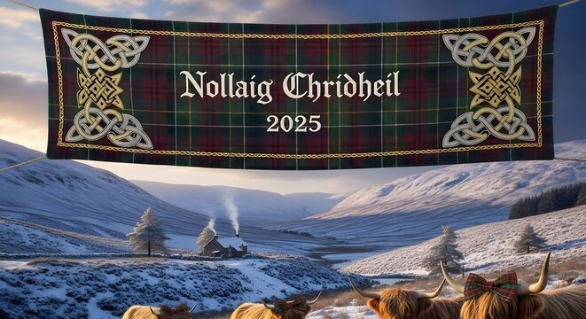 Festive scottish highland landscape with a nollaig chridheil 2025 banner in tartan and celtic knotwork featuring snow capped mountains and shaggy highland cows