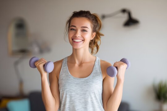Woman smiling while lifting small weights at home symbolizing motivation, energy, and self-improvement.