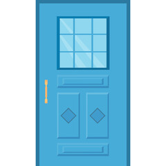 A Blue Cartoon Style Door With A Glass Window And Golden Handle Isolated On A Transparent Background