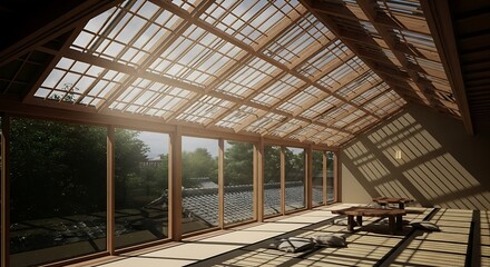 Sunlit Japanese Room - Serene Interior with Natural Light and Tatami Mats.