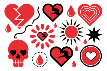 Vector art of collection of red heart and skull tattoo style elements isolated on white