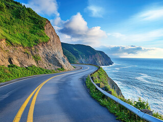 A picturesque coastal road curves along steep cliffs, with lush greenery on one side and the sparkling ocean on the other. White clouds drift across a bright blue sky, enhancing the view.