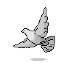 Pixel art of flying dove. Pixelated dove peaceful icon symbol.