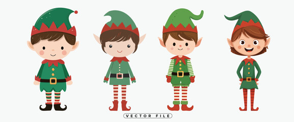Fototapeta premium Four adorable christmas elves with pointy hats and festive clothing