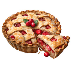 Whole cherry pie with a slice removed isolated on transparent background