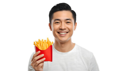 白背景でフライドポテトを持っている笑顔の男