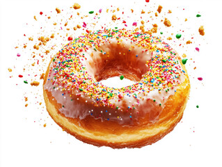 A round, golden donut topped with creamy icing and a generous sprinkle of colorful candy. The donut is surrounded by scattered crumbs and vibrant sprinkles, showcasing a sweet treat.
