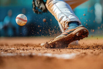 With a focused stance, a baseball player pitches on a vibrant field. Dust erupts from the ground as the ball is released, highlighting the intensity of the game during the afternoon.