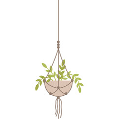 A Simple Macrame Plant Hanger With Green Leaves In A Beige Pot Suspended Against A White Background