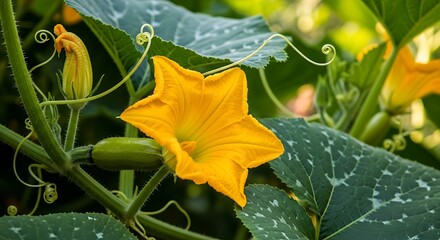 Vibrant Pumpkin Blossom in Garden Setting.