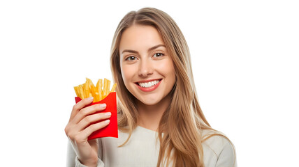 白背景、フライドポテトを持っている女性
