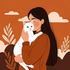Woman embracing her white cat in a warm autumn setting.