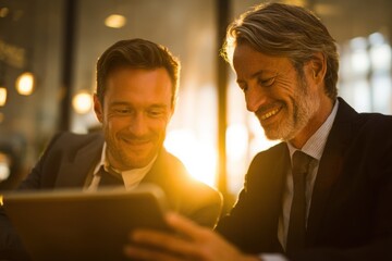 Two smiling professionals collaborating over a tablet in a bright modern office, showing teamwork, success, and positive communication.