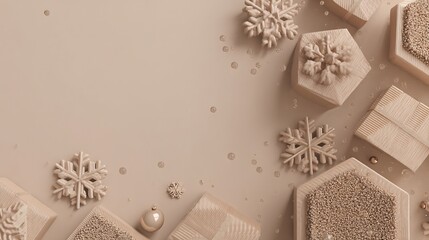 Festive Holiday Season Composition: Gift Boxes, Snowflakes, and Ornamental Decorations on a Neutral Background