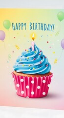 Festive Birthday Cupcake with Blue Frosting and Candle.