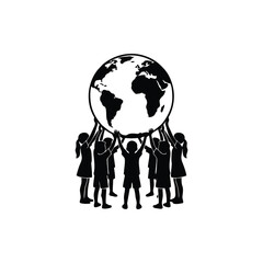 Children Holding Up the Earth Globe Black and White Silhouette, world Children's celebrating design concept 