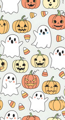 Festive Halloween Pattern with Ghosts Pumpkins and Candy Corn
