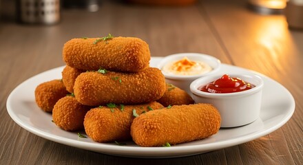 Delicious Croquettes with Dipping Sauces on a White Plate.