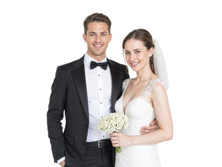 Couple in elegant wedding attire stands together, radiating joy on their special day