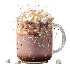 Hot chocolate with marshmallows and chocolate shavings isolated on transparent background