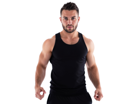 Muscular man poses confidently in a black tank top against a plain background, showcasing fitness and style - Powered by Adobe