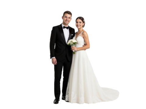 Elegant couple in wedding attire posing together with smiles and a bouquet in a bright setting