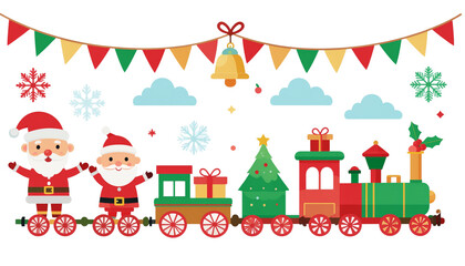 Obraz premium Santa Claus cartoon set with gifts, tree, and snowman for Christmas card design and winter celebration on white background.