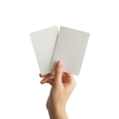 Hand holding two blank rectangular business cards for mockup Isolated on transparent background