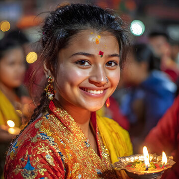 Festival of Light: Women Honoring Tradition with Diyas and Marigolds, ai generated,