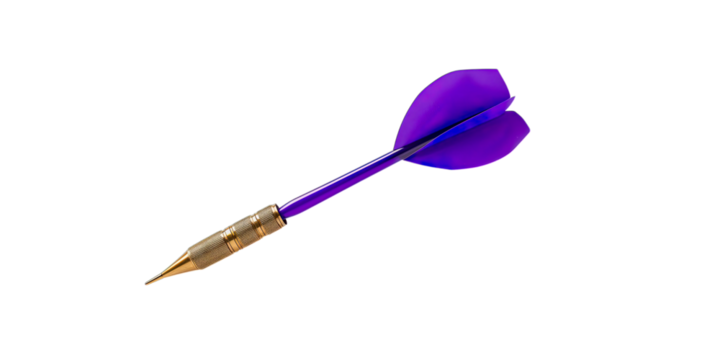 Transparent Png of a Single Purple feathered Dart, Elegant Golden Barrel, Pointed Metallic Tip, Ready for Precision, Game of Skill and Focus
