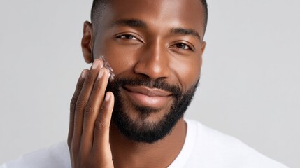 In a bright and serene space, a man gently massages lotion into his face, showcasing a relaxed and joyful expression. The simple act of self-care highlights his commitment to skincare