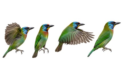 Fototapeta premium Four Blue-throated Barbet Birds in Different Poses Against a White Background.