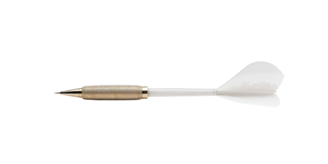 Transparent Cutout of a Single White feathered Dart with a Shiny Golden Textured Barrel, Isolated, Ready for Target Practice and Games
