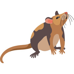 A Whimsical Cartoon Rat Character with Brown and Tan Fur Detailed with Black Accents and a Long Tail Isolated on a White Background