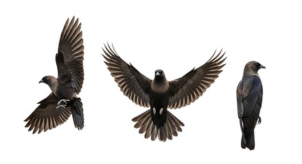 Obraz premium Three crows in flight and standing against a white background.