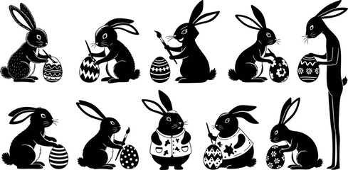 Easter bunny silhouettes, rabbits painting eggs, festive vector art, anthropomorphic poses, spring celebration, brush, bucket, decoration, joy, holiday