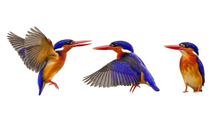 Naklejka premium Three Oriental Dwarf Kingfishers in various poses against a white background.