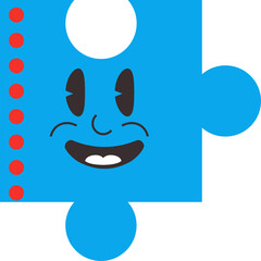 Blue Jigsaw Puzzle Piece Character with Cartoon Face and Red Dots on White Background